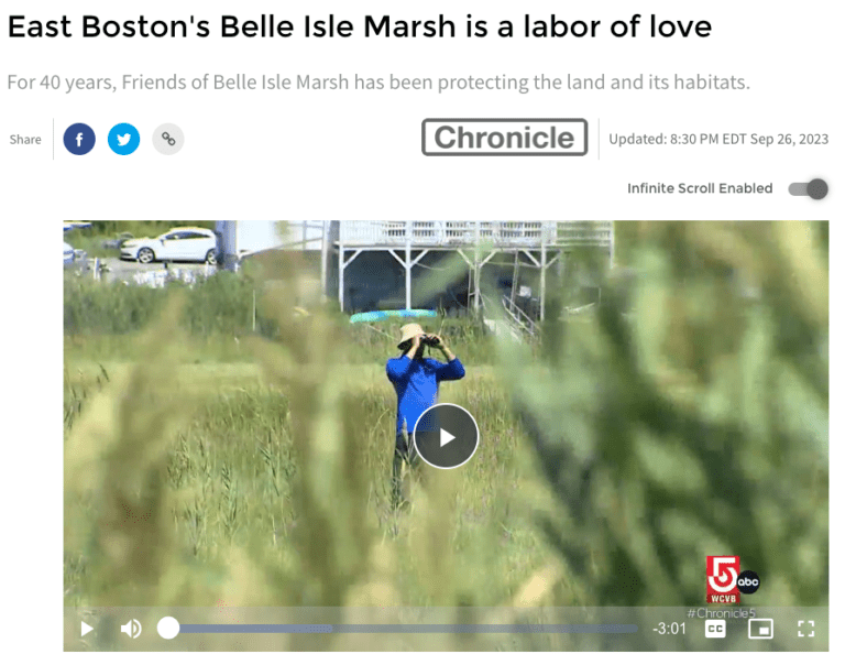 screenshot of a birder at the marsh, from opening of Chronicle TV program