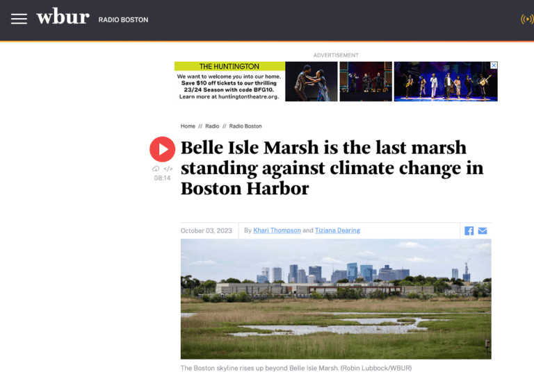 screen shot of Radio Boston site on WBUR Radio website with Belle Isle Marsh image looking toward Boston skyline